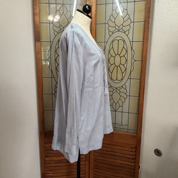 J. Jill Blue Rain Chambray Lace-up Pullover Peasant Pop Over Blouse Top Size L - Picture 2 of 13